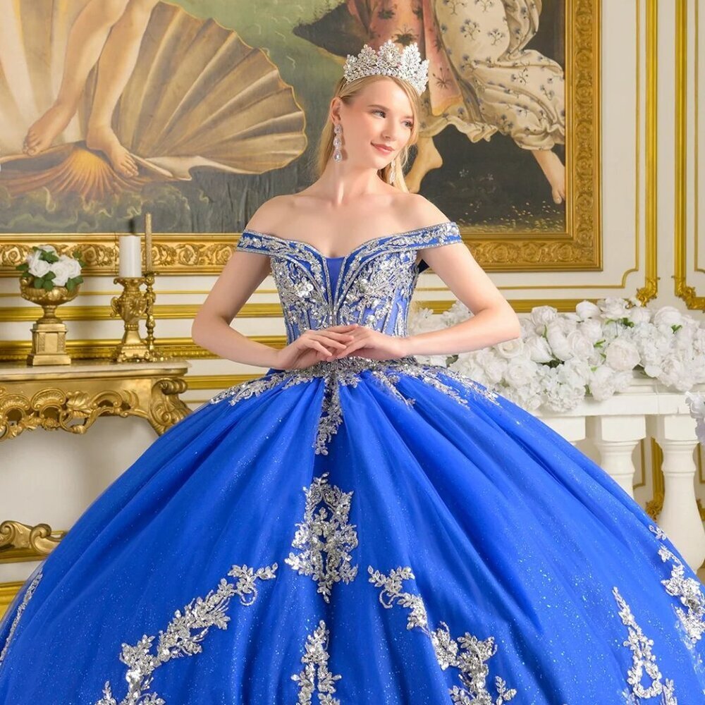 New Royal Blue-Silver Off Shoulder Ceremonial Gown w/ Crystal Embroidery GL3672